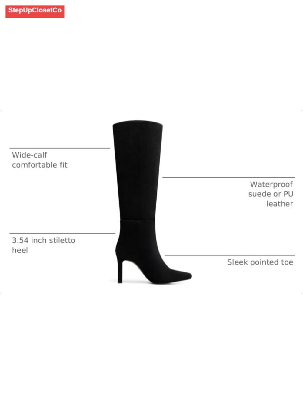 Womens Knee High Boots 3.54 In Stiletto Heel Waterproof PU Leather Wide Calf - Picture 2 of 6